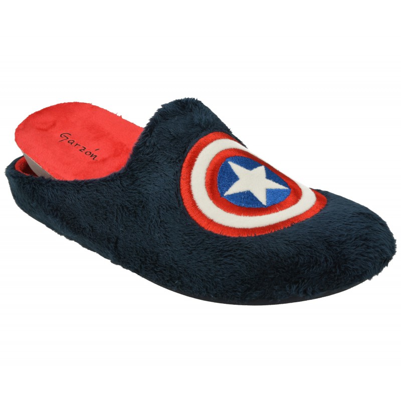 Nido Mortal Comida Zapatilla chinela de Garzón en paño dacha con logo Capitán América y piso  de caucho con planta movible
