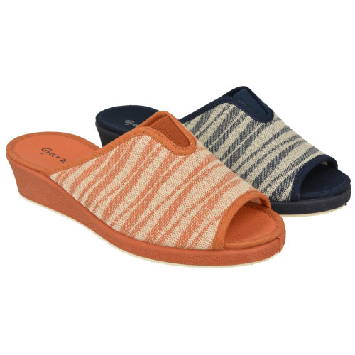 Zapatilla chinela de Garzón en lona de algodón estampado rayas con elástico en pala y piso de cuña esponja confortable Zapatilla chinela de Garzón en lona de algodón estampado rayas con elástico en pala y piso de cuña esponja confortable